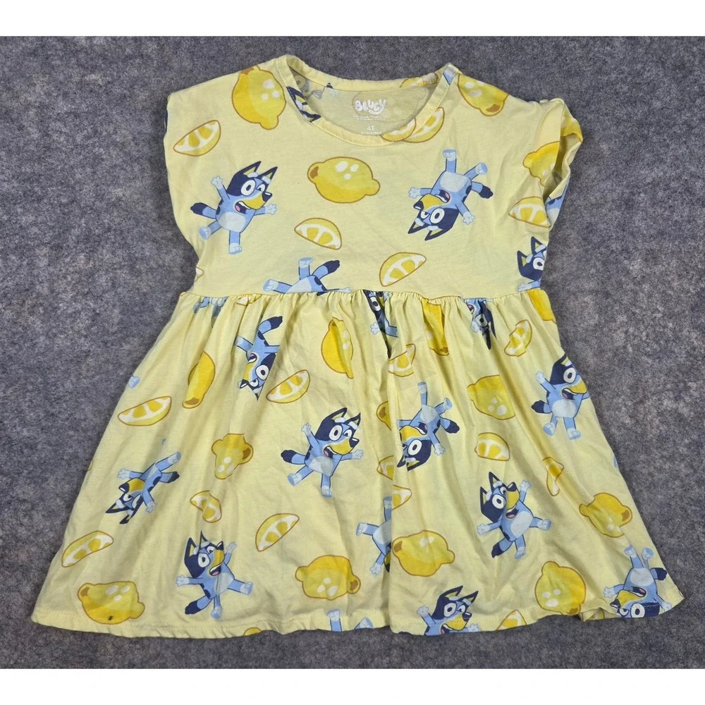 Bluey Disney Girls Yellow Lemon Print Short Sleeve Dress Size 4T Kids Summer